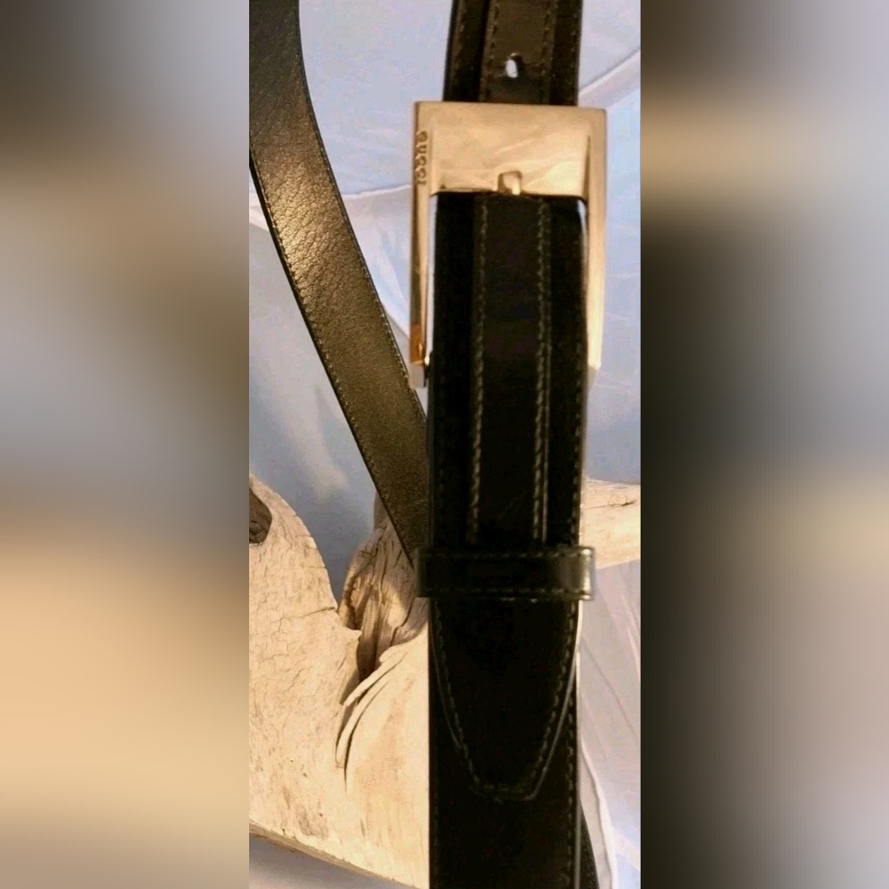 Gucci Men's Black Leather Belt with Solid Gold Brass Buckle, 35", 36", 37" - Picture 5 of 10